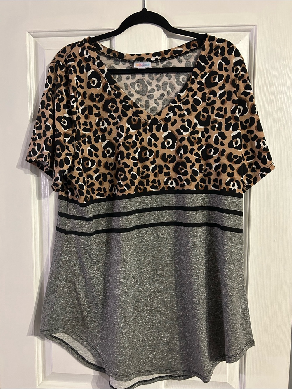 LuLaRoe Leopard Print V-Neck Short Sleeve Top in Brown and Gray Christy Tee